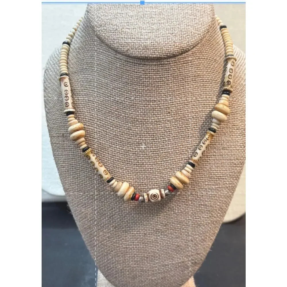 Vintage 1980s Bone Bead Necklace 16 Inch Tribal Boho Carved Beads